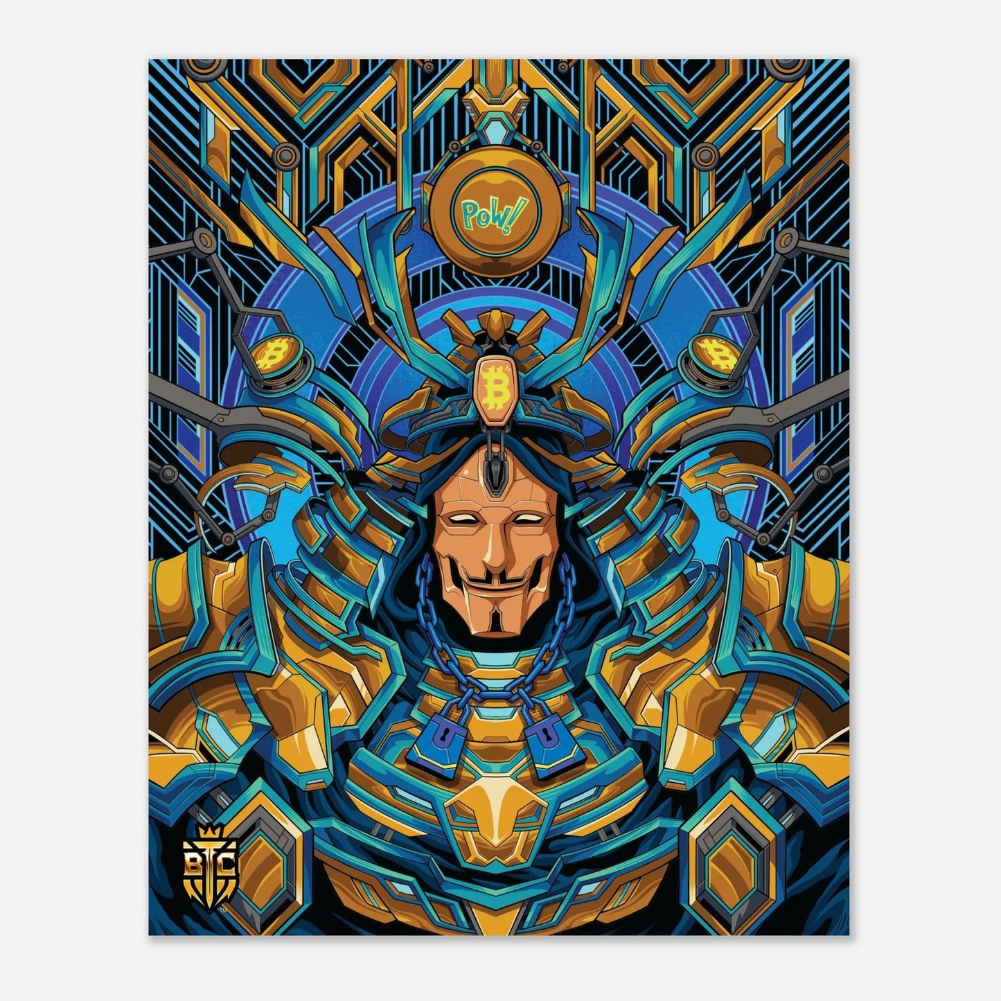 Intricate cyberpunk samurai warrior in blue and gold armor wearing a Guy Fawkes mask with a Bitcoin logo on the helmet.