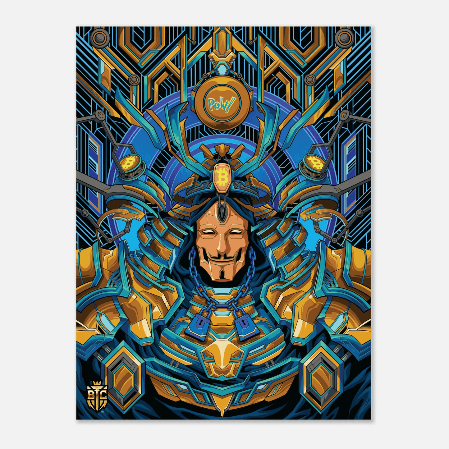 Cyberpunk samurai warrior in blue and gold armor wearing a Guy Fawkes mask, featuring Bitcoin logos and a PoW Proof of Work emblem.