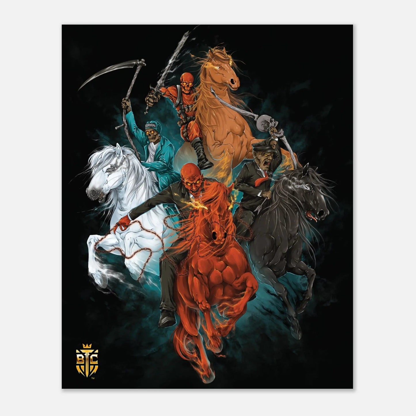 Bitcoin Trading Cards poster art depicting the Four Horsemen of the Apocalypse as skeletons riding four different colored horses.
