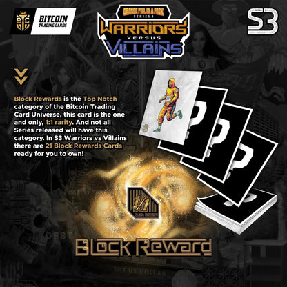 Bitcoin Trading Cards – Series 3 ‘Warriors vs Villains’ Block Reward poster: gold vortex around Block Reward icon, stack of mystery cards.