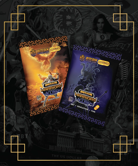 Bitcoin Trading Cards – Series 3 ‘Warriors vs Villains’ booster packs (orange Phoenix & purple Hydra artwork)