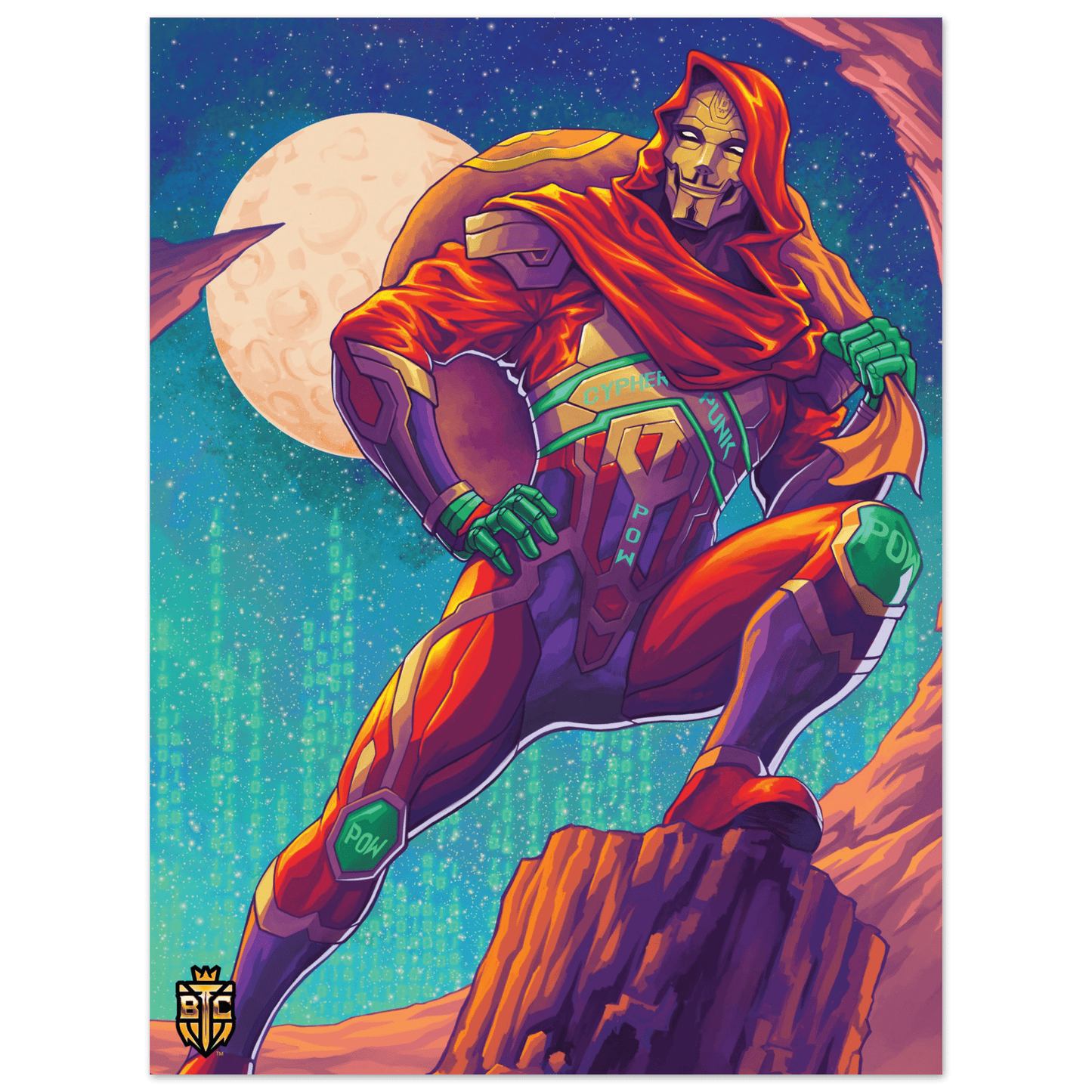 Digital art of a superhero in a red suit wearing a Guy Fawkes mask and POW knee pads sitting on a rock in space.