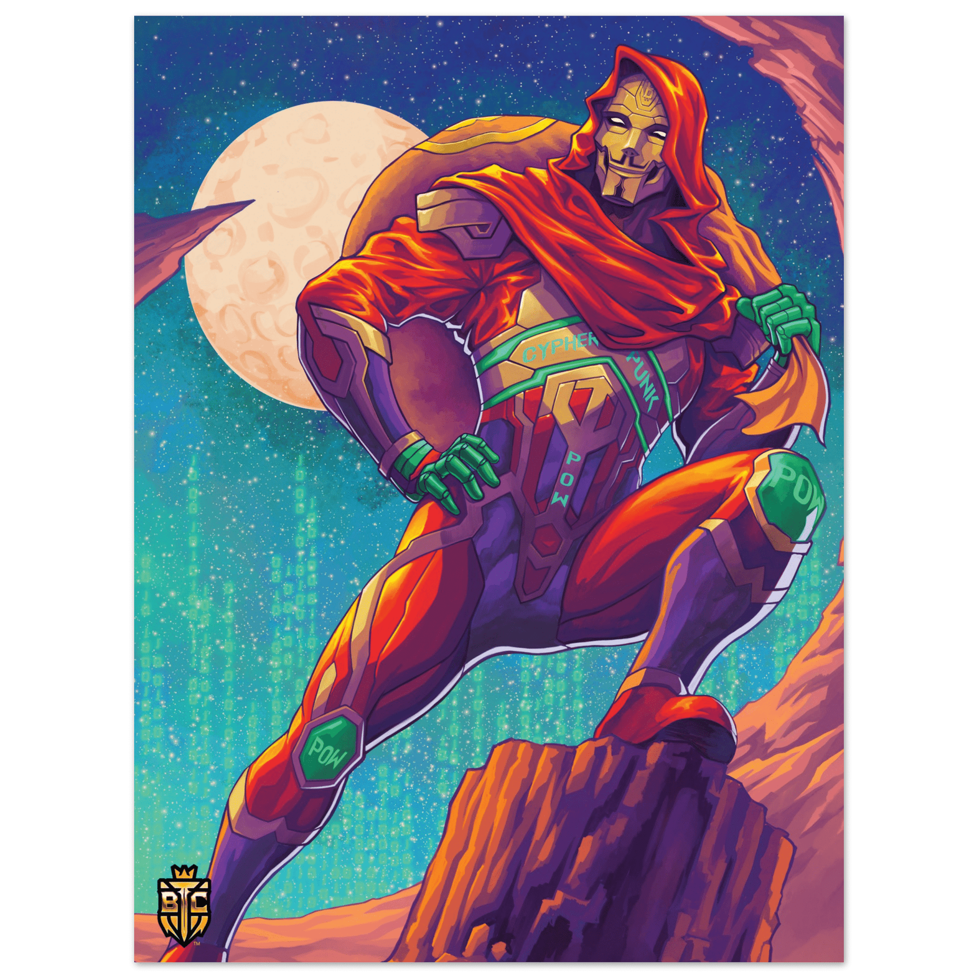 Digital art of a superhero in a red suit wearing a Guy Fawkes mask and POW knee pads sitting on a rock in space.