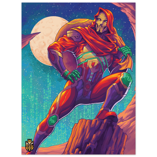 Digital art of a superhero in a red suit wearing a Guy Fawkes mask and POW knee pads sitting on a rock in space.