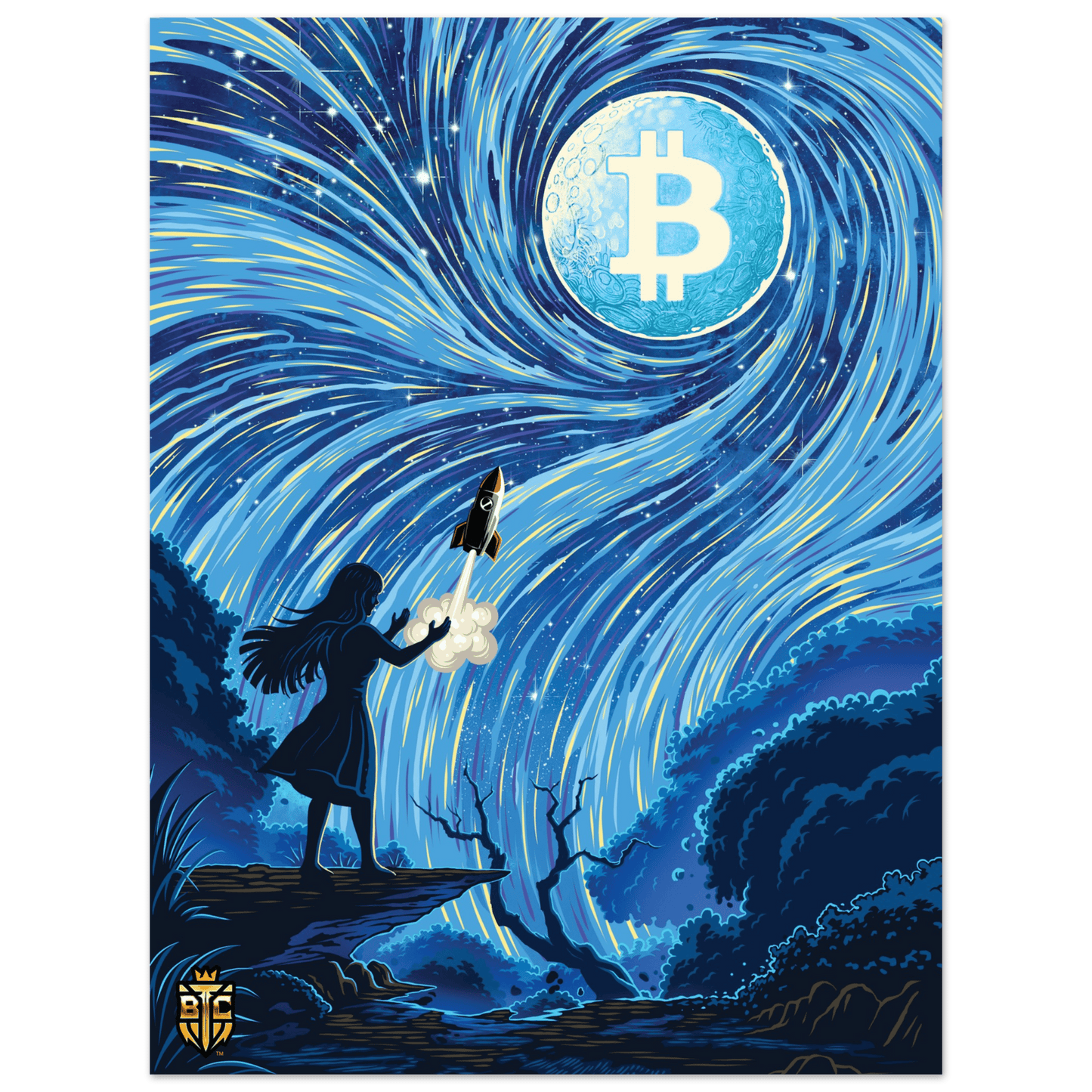 Digital art featuring a silhouette of a girl launching a rocket at a glowing Bitcoin moon in a swirling blue starry night sky.