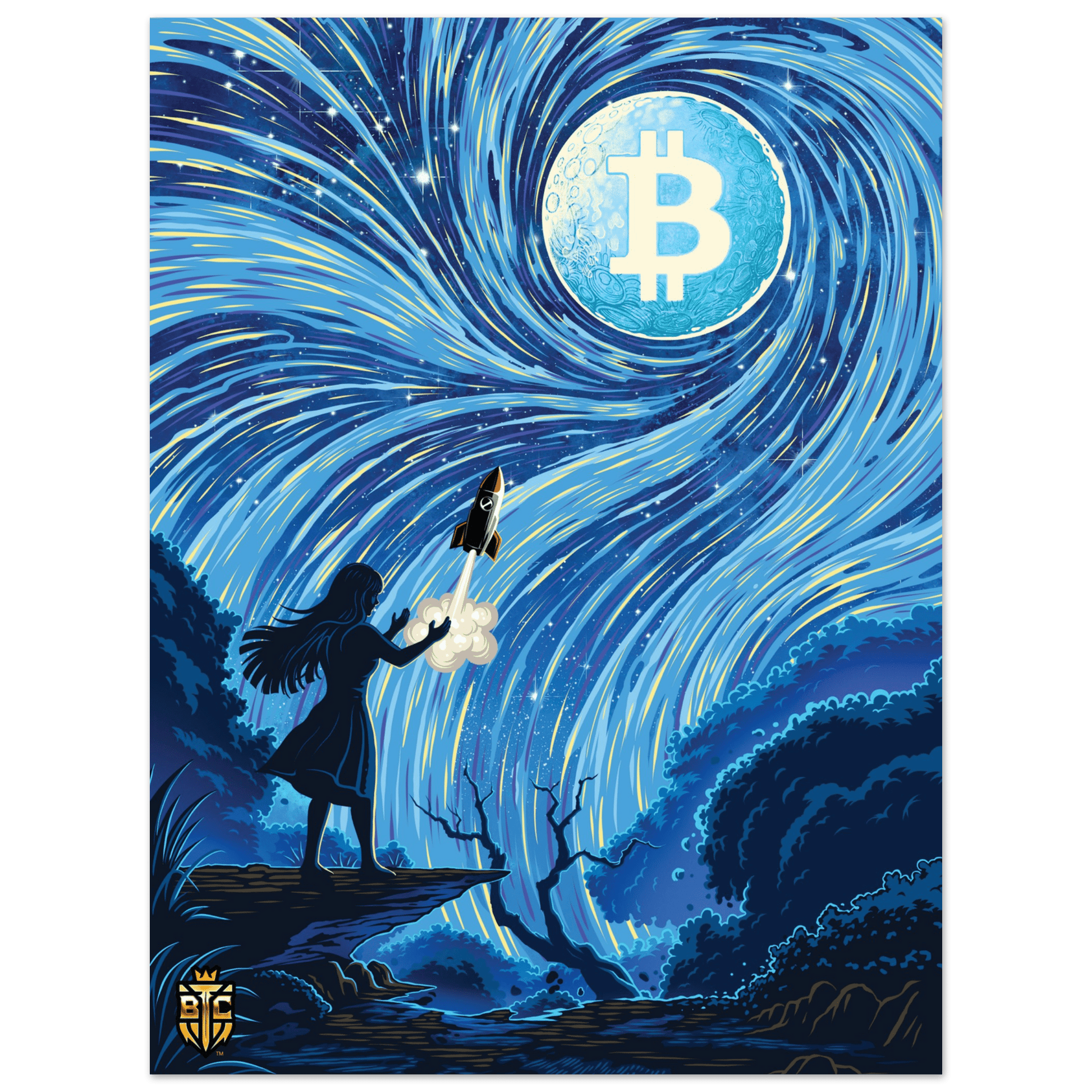Digital art featuring a silhouette of a girl launching a rocket at a glowing Bitcoin moon in a swirling blue starry night sky.