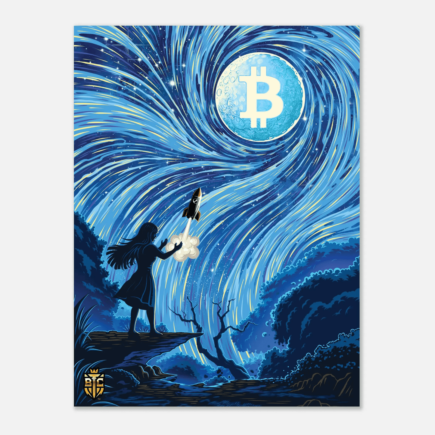Bitcoin Trading Cards art poster featuring a silhouette of a girl launching a rocket towards a glowing Bitcoin moon in a Starry Night style sky.