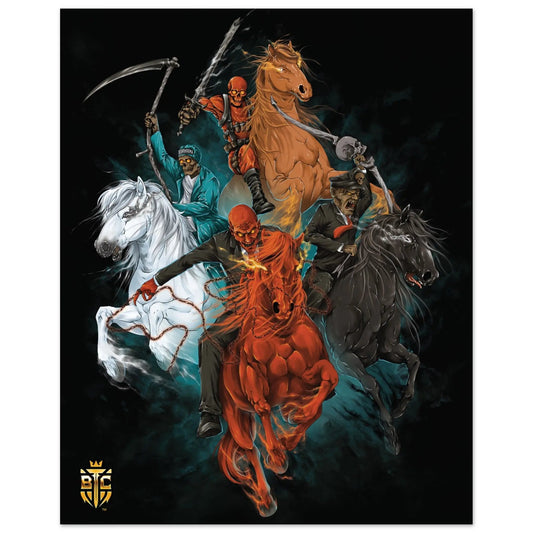 Digital art poster featuring the Four Horsemen of the Apocalypse with four skeletal figures riding white, red, black, and pale horses.