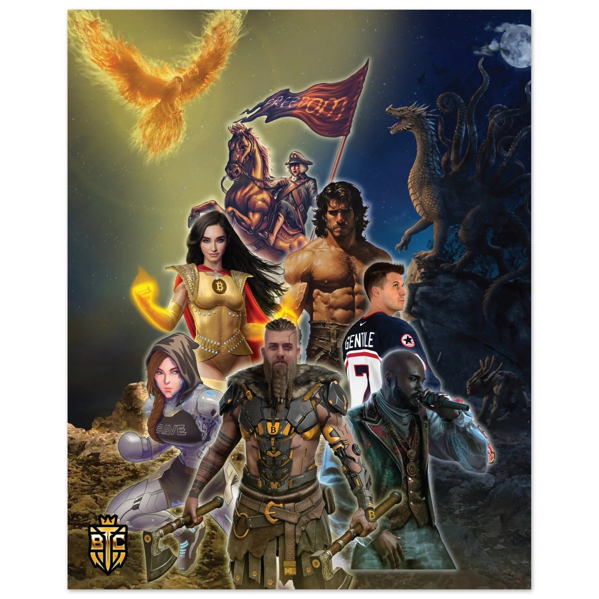 Bitcoin Trading Cards art poster featuring a collage of heroes including a Viking, a freedom rider with a flag, a phoenix, and a dragon.