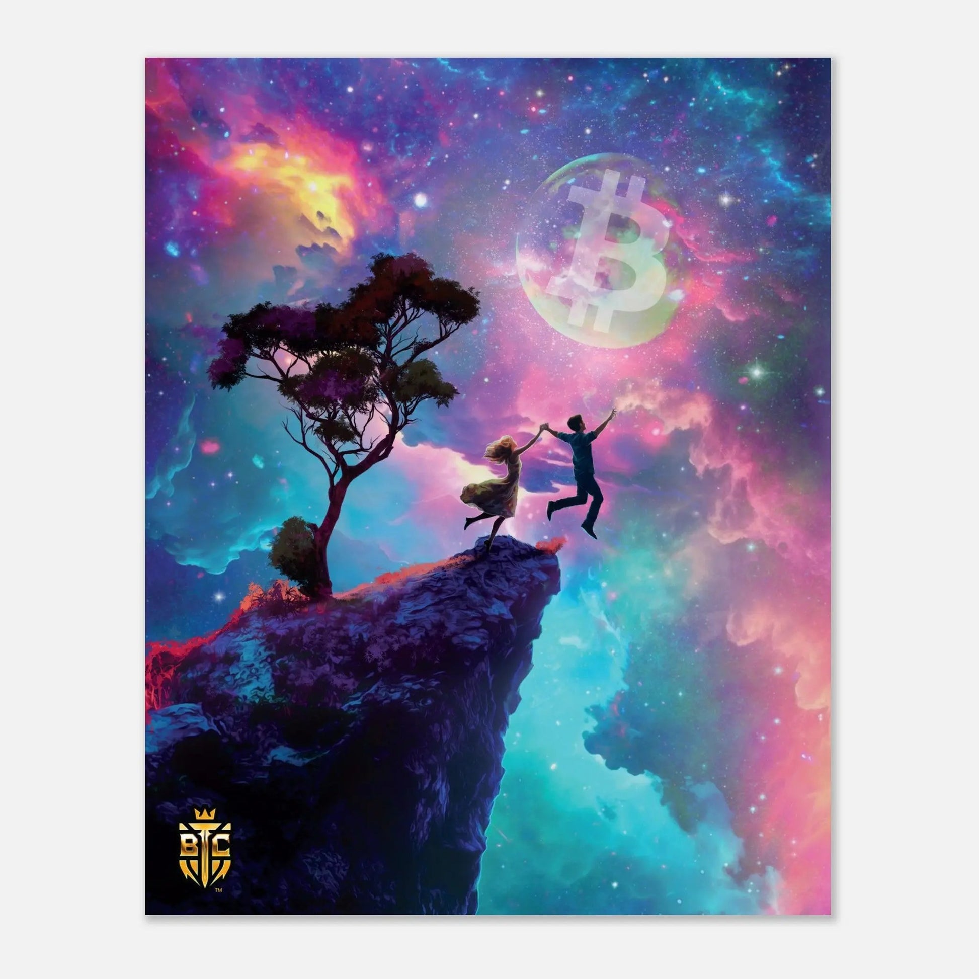 Art print featuring a couple holding hands and leaping into a colorful galaxy sky towards a Bitcoin moon.