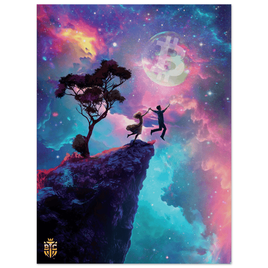 Art print featuring a couple holding hands and leaping into a colorful galaxy sky towards a Bitcoin moon.