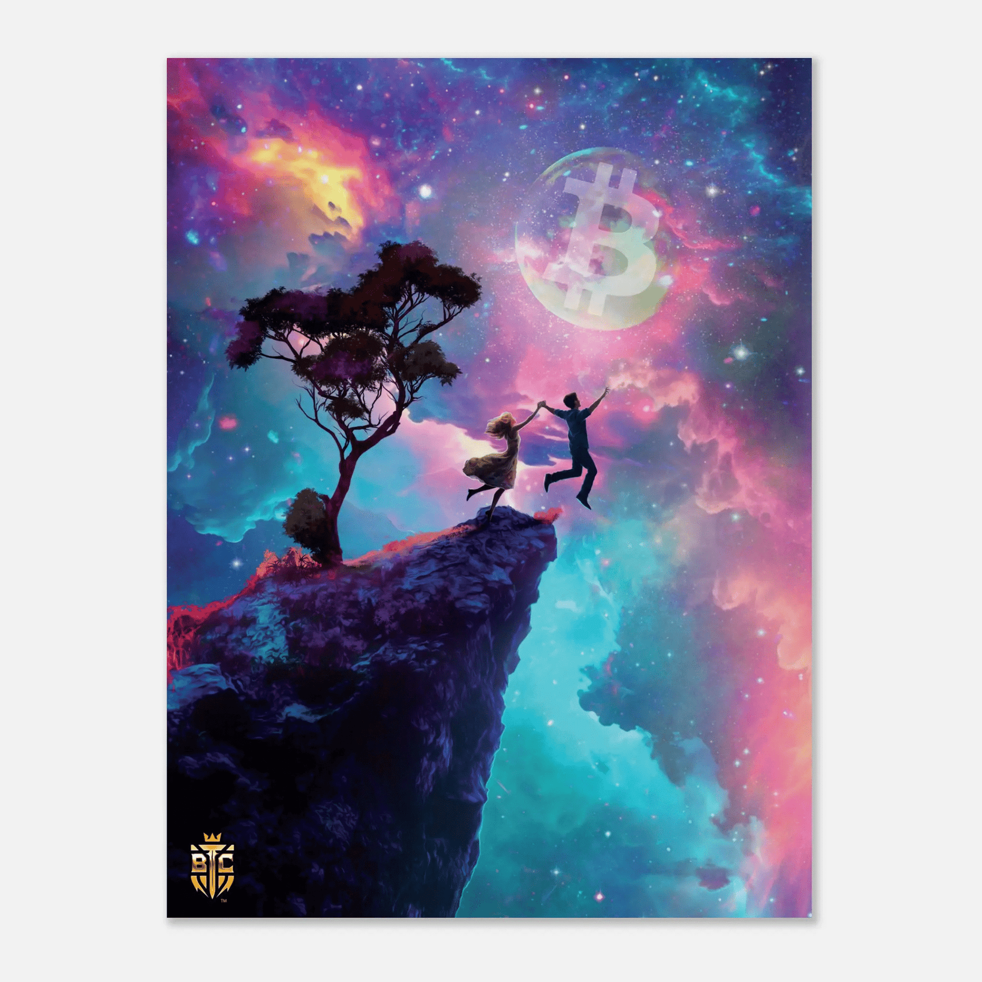 Art print featuring a couple holding hands and leaping into a colorful galaxy sky towards a Bitcoin moon.