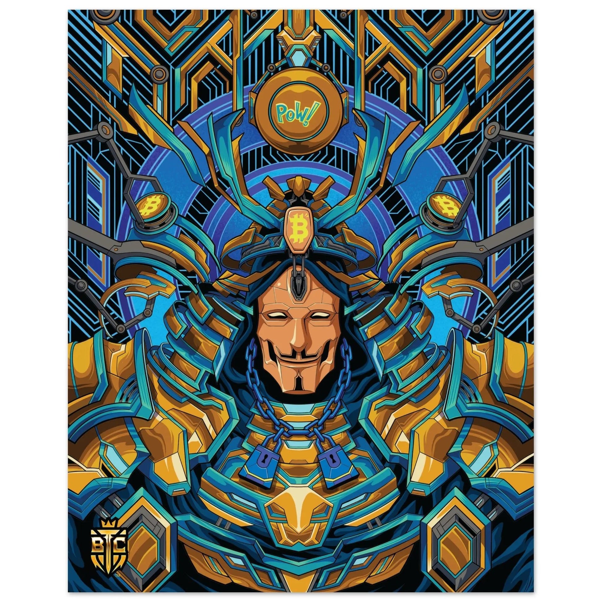 Intricate cyberpunk samurai warrior in blue and gold armor wearing a Guy Fawkes mask with a Bitcoin logo on the helmet.