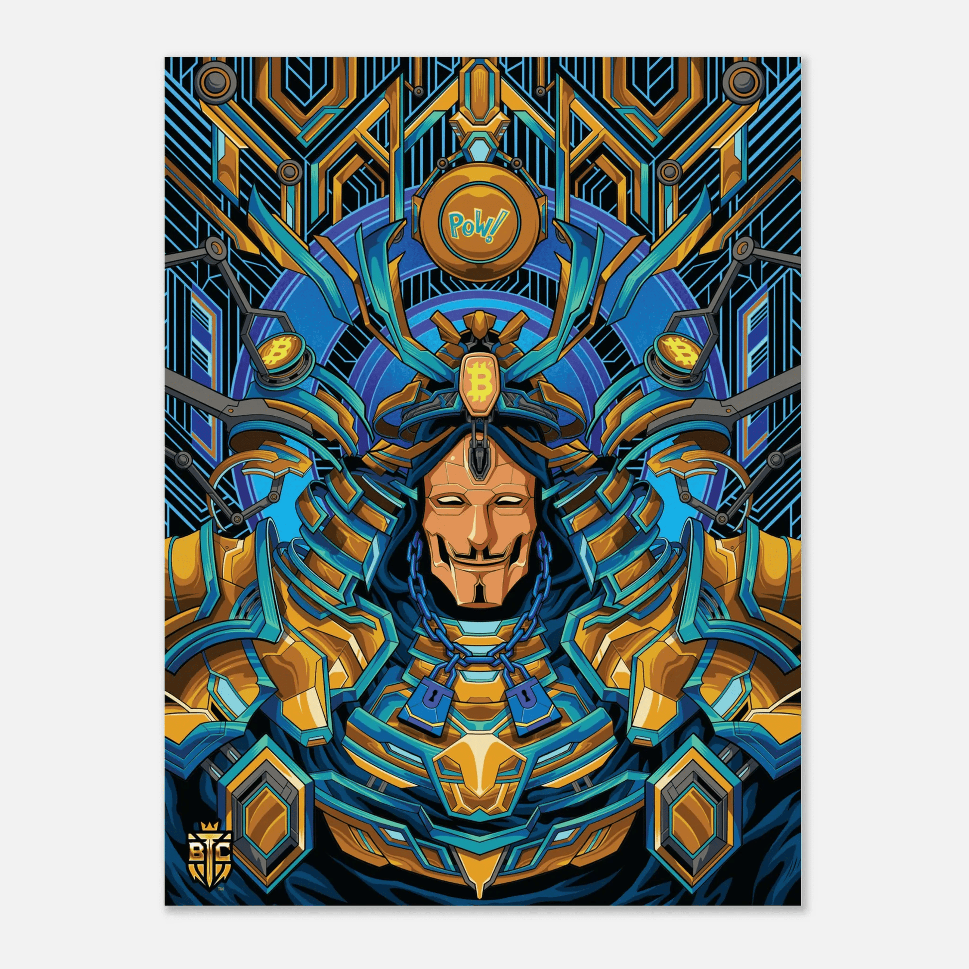 Cyberpunk samurai warrior in blue and gold armor wearing a Guy Fawkes mask, featuring Bitcoin logos and a PoW Proof of Work emblem.