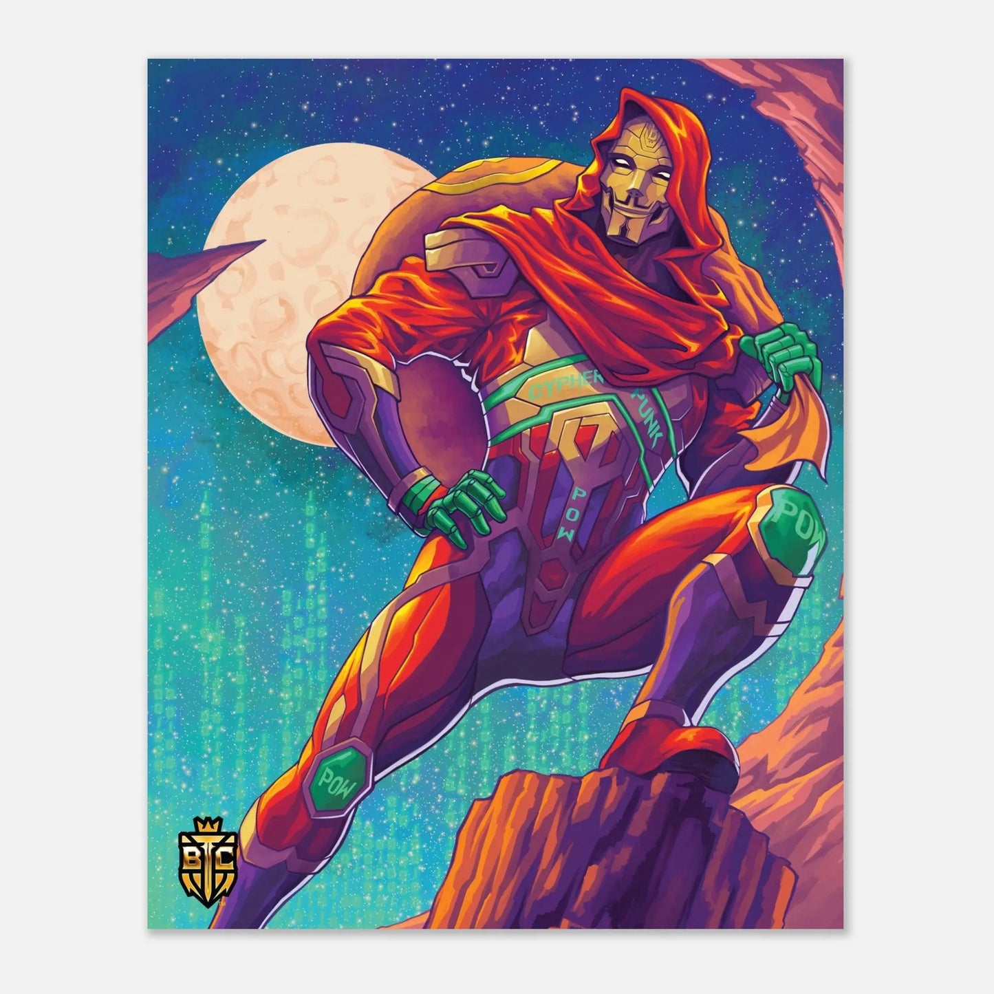 Cyberpunk superhero wearing a Guy Fawkes mask and red cape posing on a rock against a moon and digital rain background.