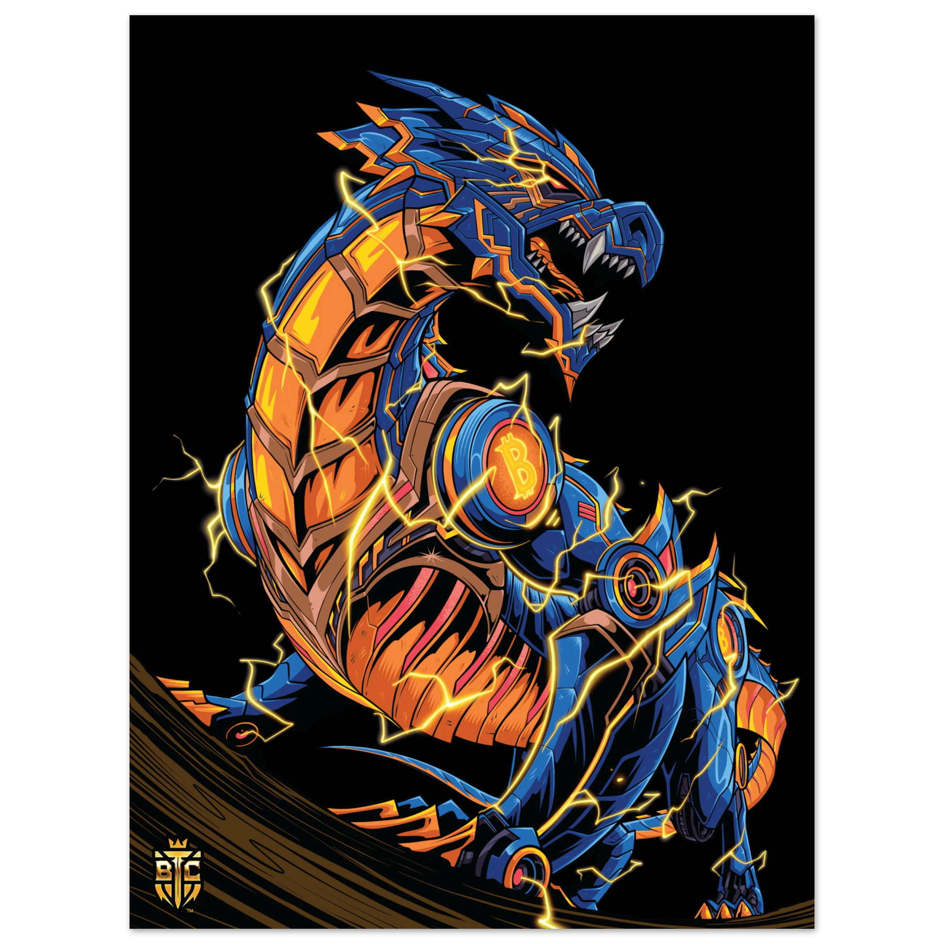 Mechanical cyberpunk dragon with blue and orange armor featuring a Bitcoin logo and electrical lightning effects on a black background.