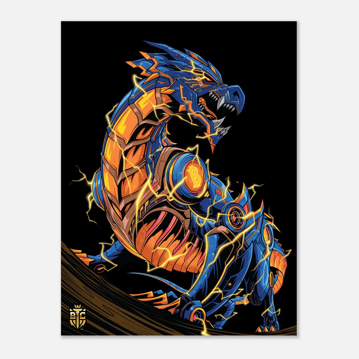 Fierce cyberpunk dragon in blue and orange armor emitting lightning bolts, featuring a Bitcoin logo on its shoulder.