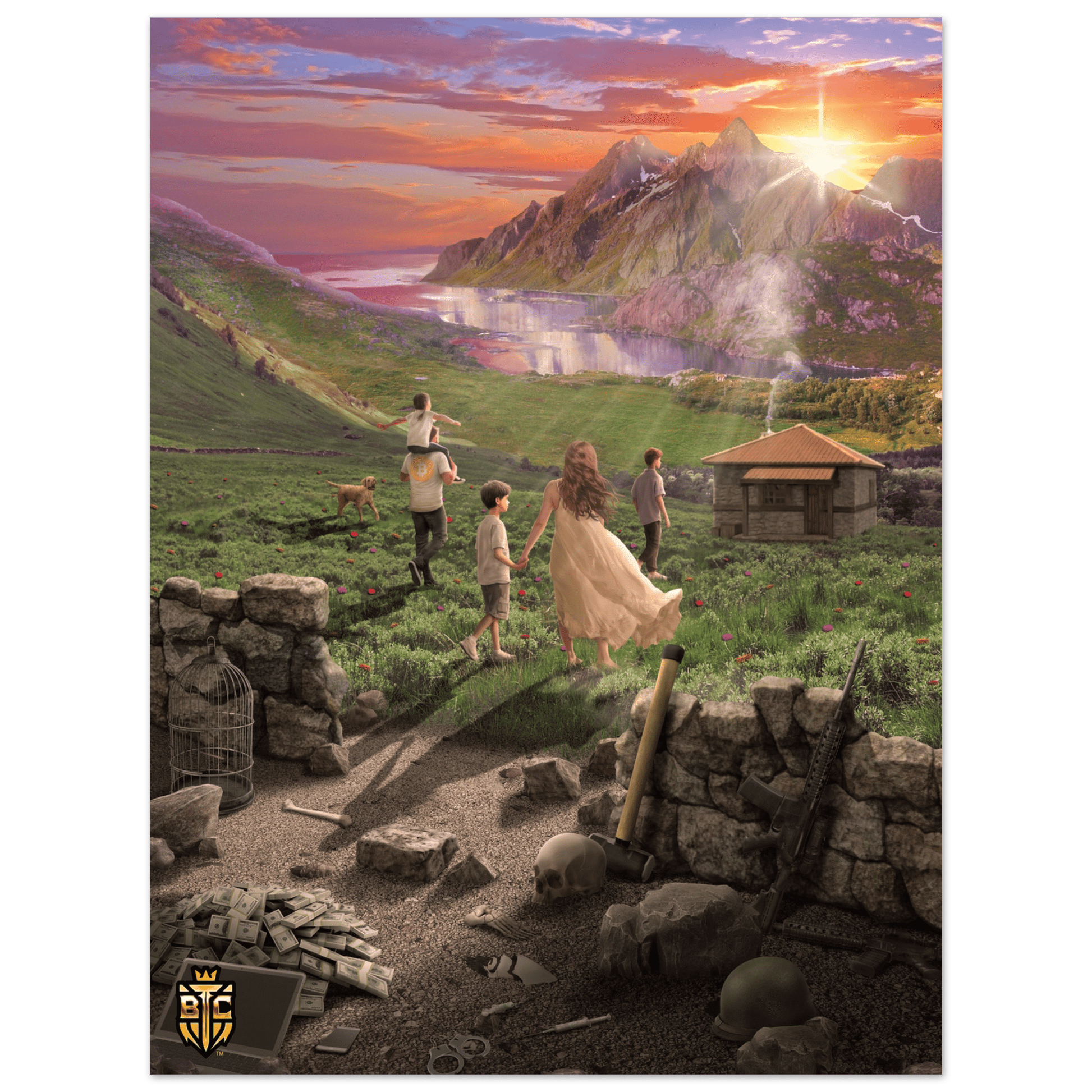 Digital art of family walking towards peaceful cottage and sunset leaving behind pile of money weapons and skull