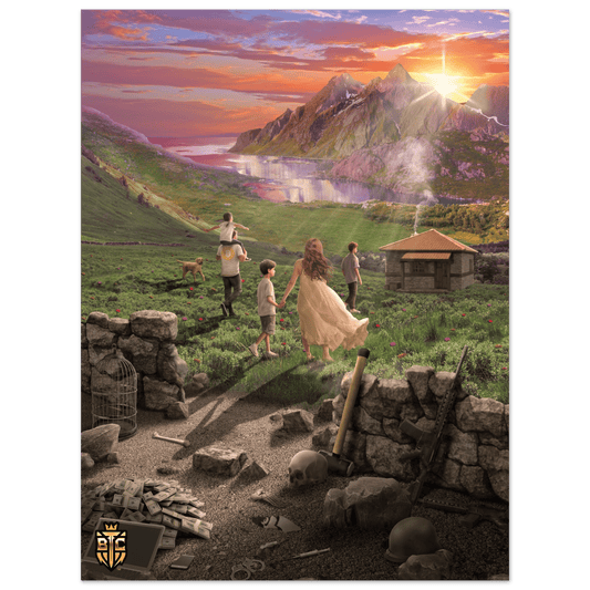 Digital art of family walking towards peaceful cottage and sunset leaving behind pile of money weapons and skull