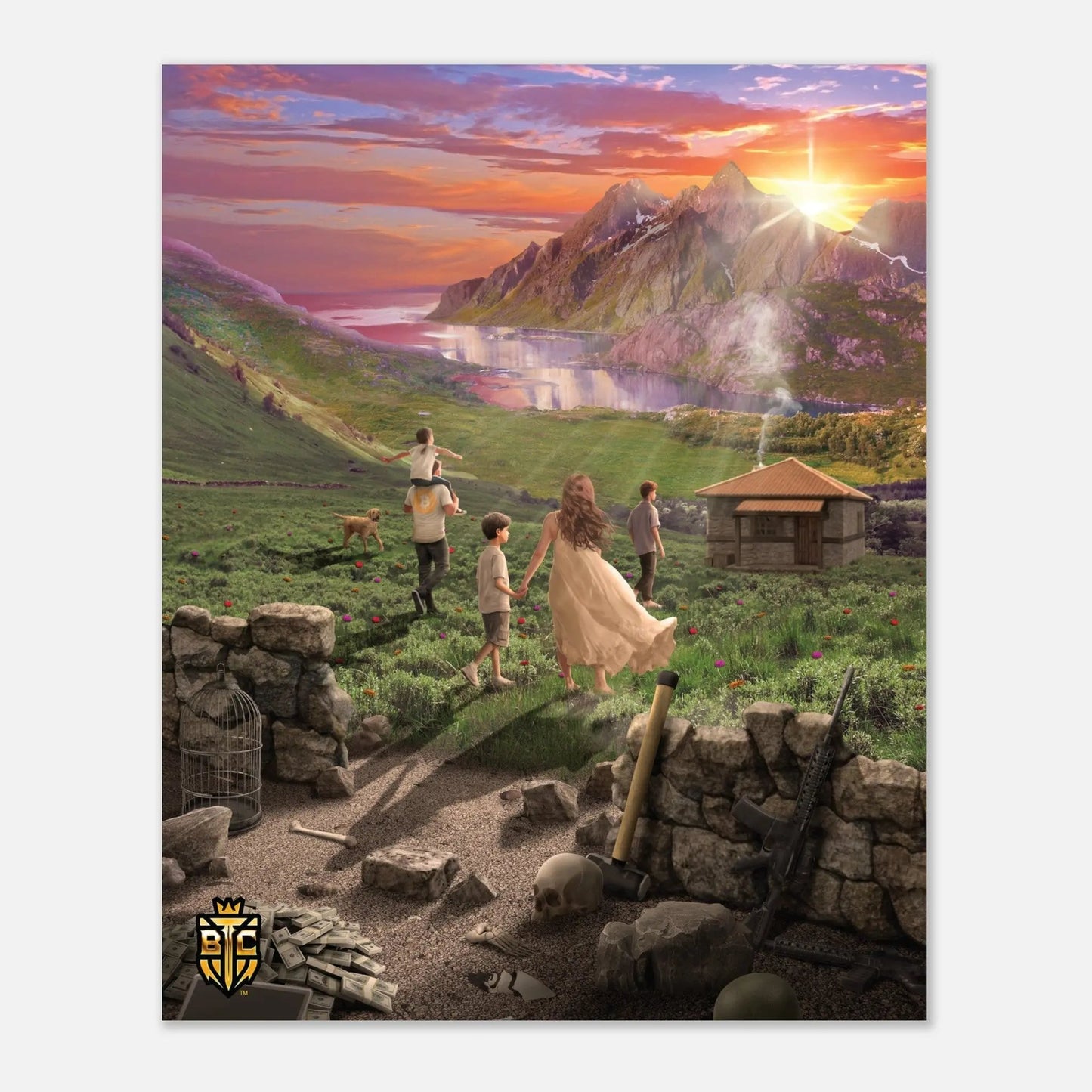 Poster art showing a family walking away from a cage and weapons towards a peaceful cabin in the mountains.