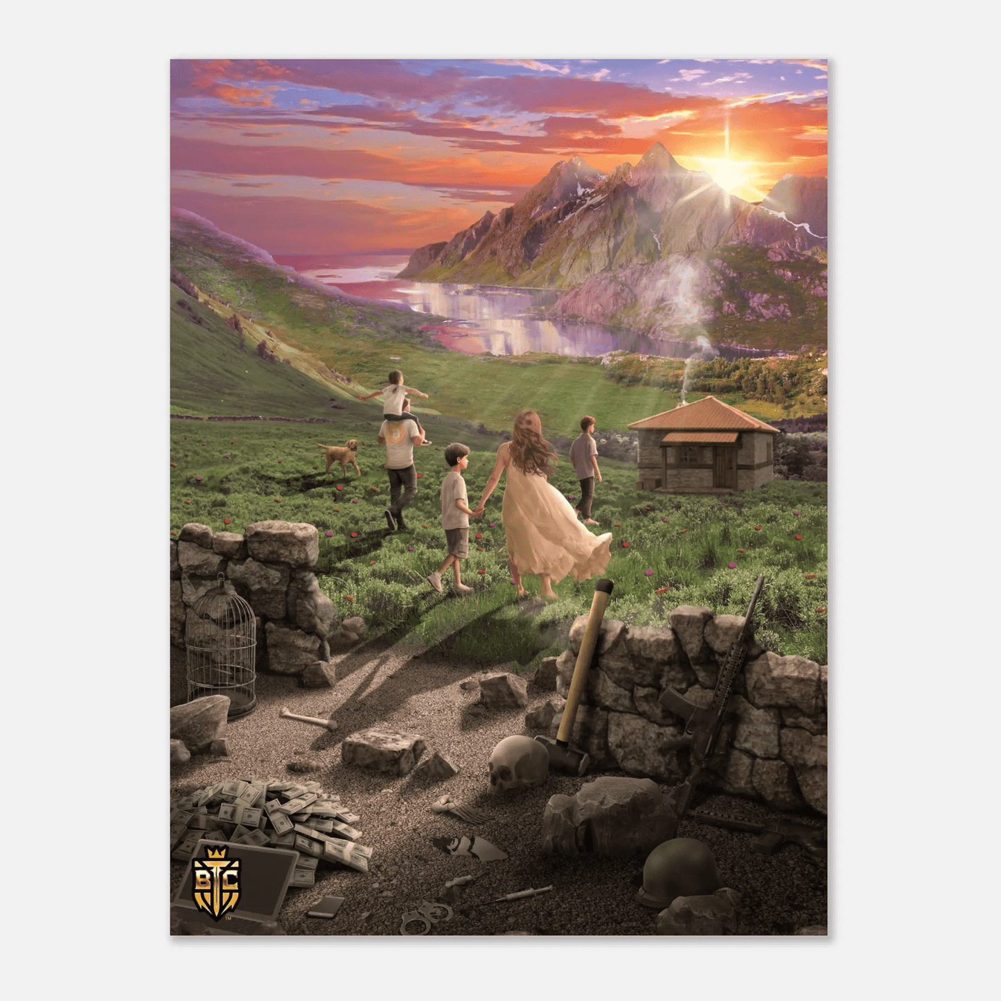 Digital art of a family leaving behind a dark pile of cash, weapons, and a skull to walk towards a peaceful cottage and mountain sunset.