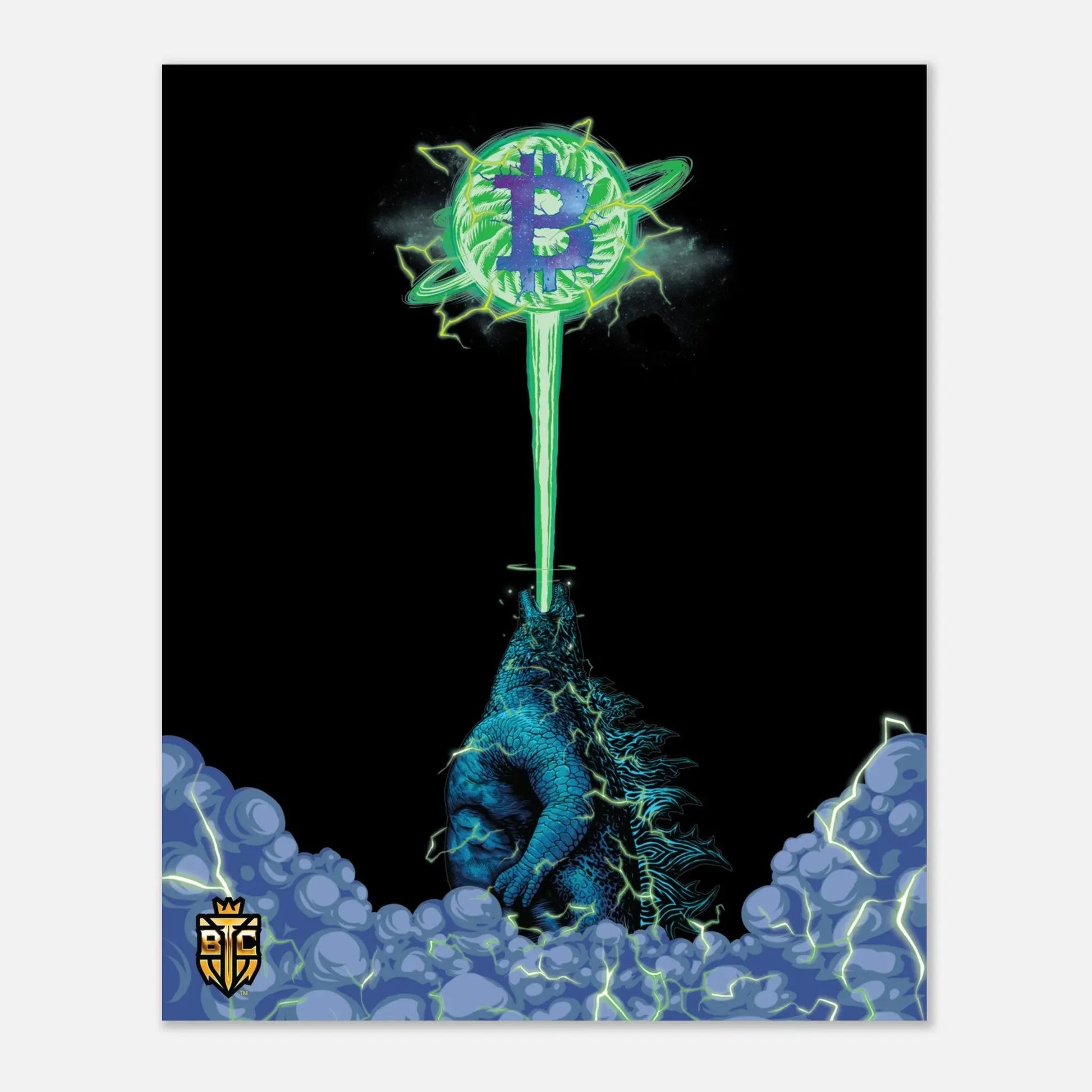 Godzilla firing a green atomic breath laser beam into a glowing Bitcoin logo floating in the night sky.