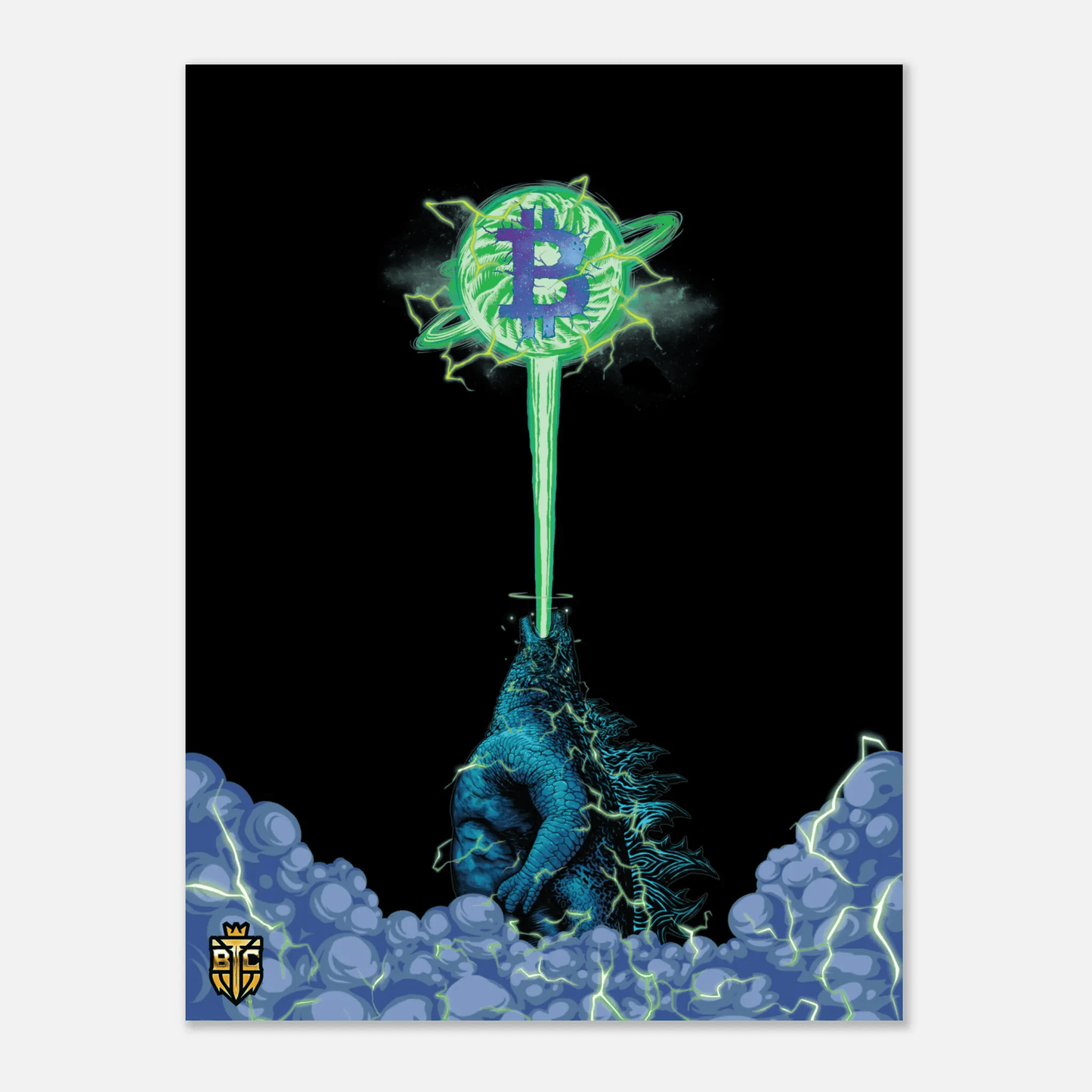 Godzilla firing a green atomic breath laser beam into a glowing Bitcoin logo floating in the night sky.
