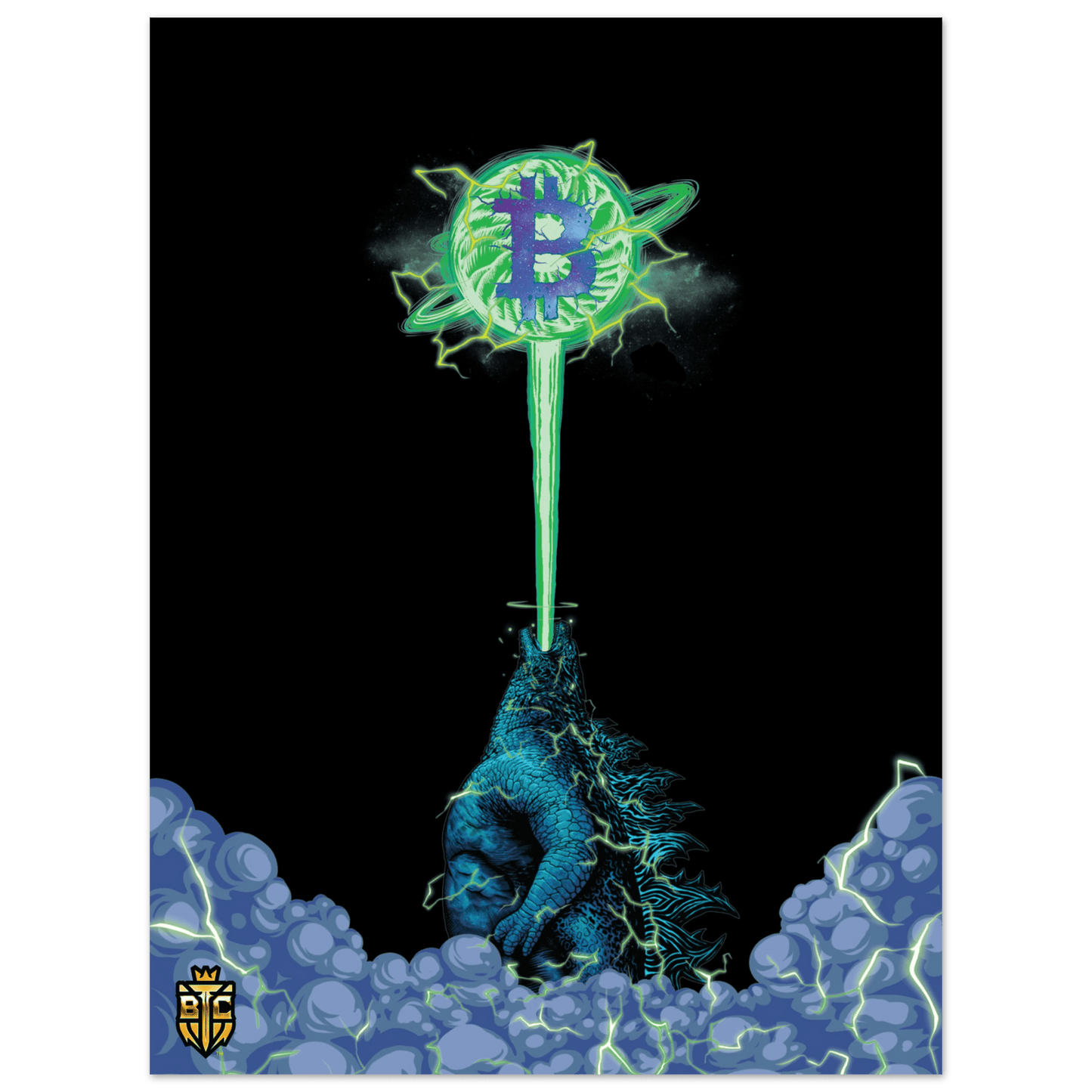 Godzilla firing a green atomic breath laser beam into a giant glowing Bitcoin logo floating in the night sky.