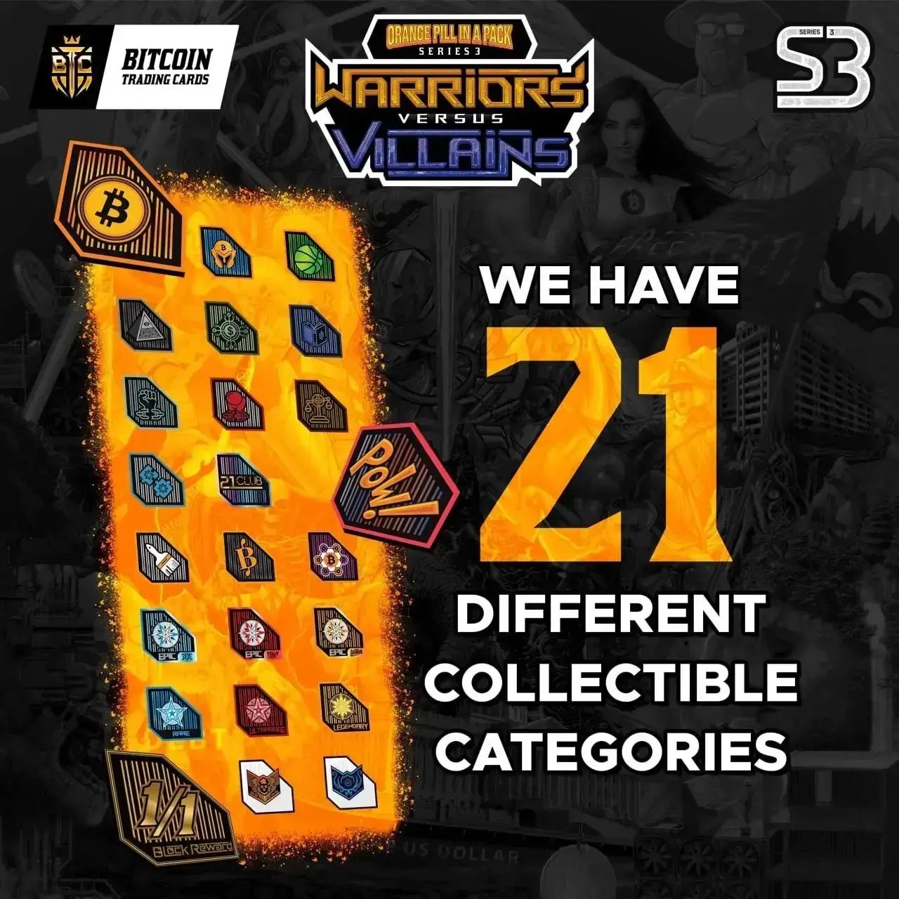 Bitcoin Trading Cards – Series 3 ‘Warriors vs Villains’ graphic: 21 collectible category icons in fiery orange column, bold ‘21 different collectible categories’ text.