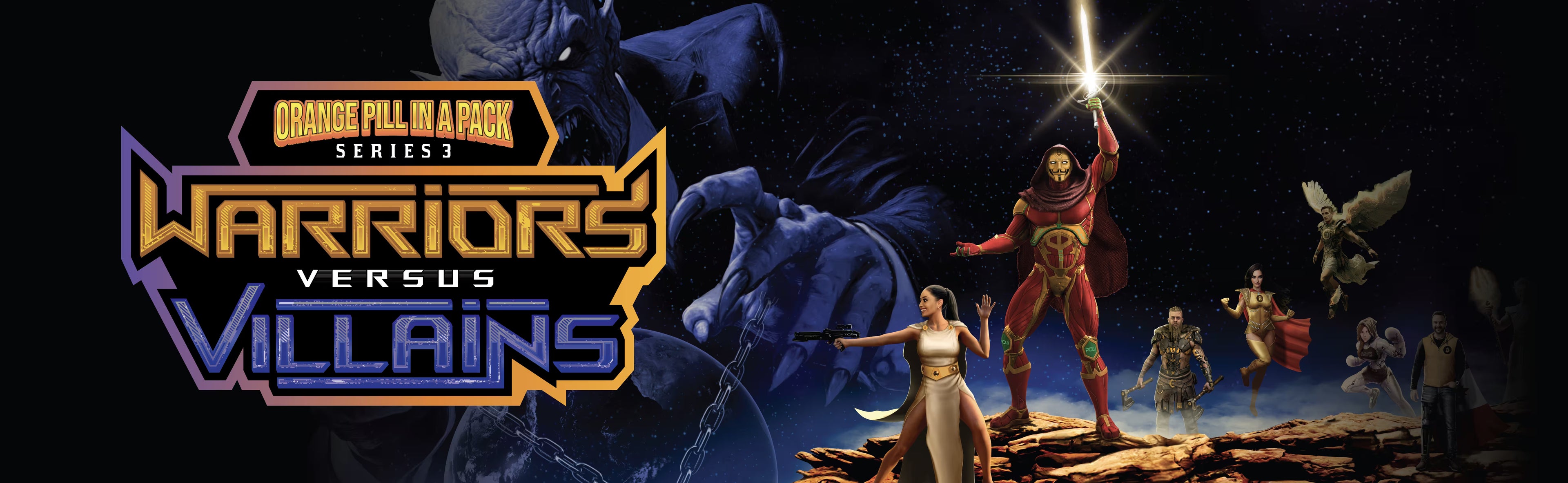 Warriors vs Villains Series 3 Bitcoin trading cards hero image featuring heroes and villains from the Based Trading Cards Orange Pill in a Pack collection.