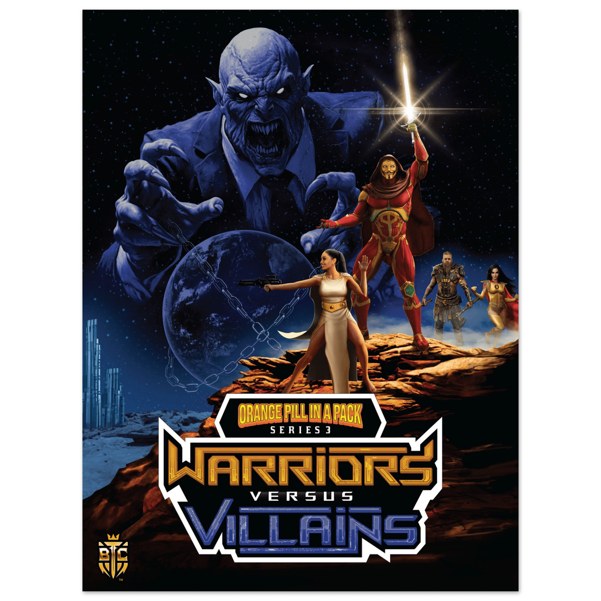 Warriors vs Villains Series 3 poster showing heroes defending Earth from a giant blue villain in space.
