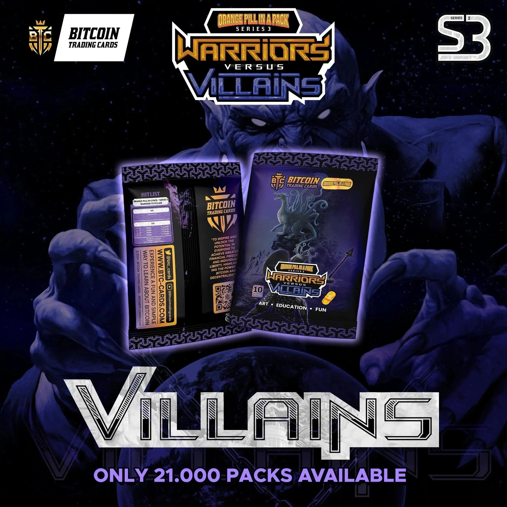 Purple promotional poster for Warriors vs Villains Series 3 featuring the Villains pack and the text 'Only 21,000 Packs Available'.